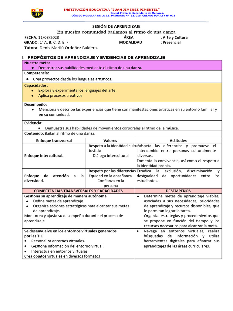 Sesión de Aprendizaje: Danza y Cultura | PDF | Bailes | Aprendizaje
