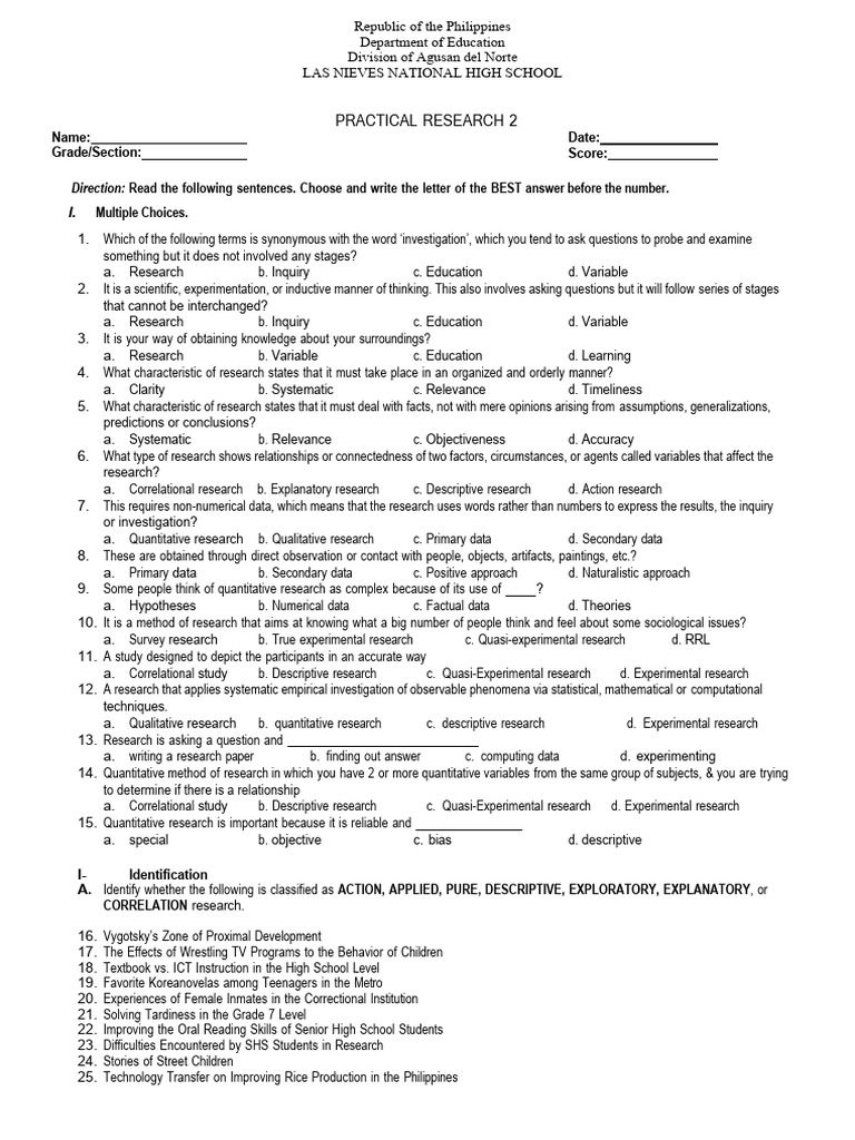 Practical Research 2 Final Examination - 080711 | PDF | Quantitative ...