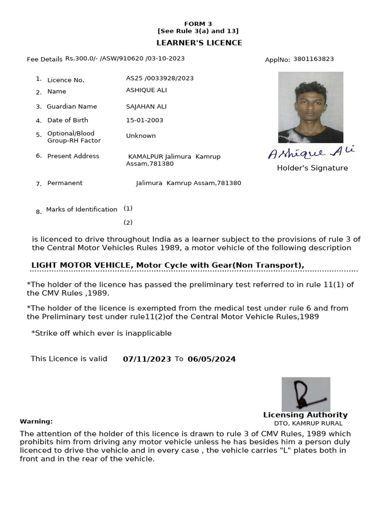 Learner'S Licence: Form 3 (See Rule 3 (A) and 13) | PDF