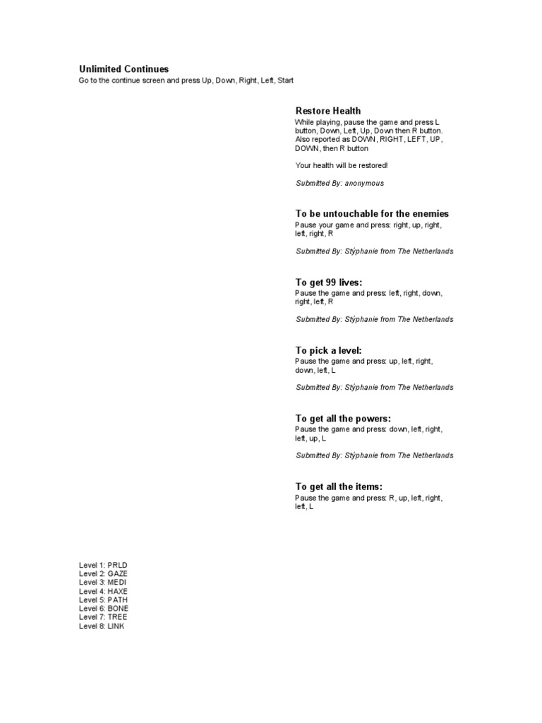 Game Cheat Codes and Tips Guide | PDF