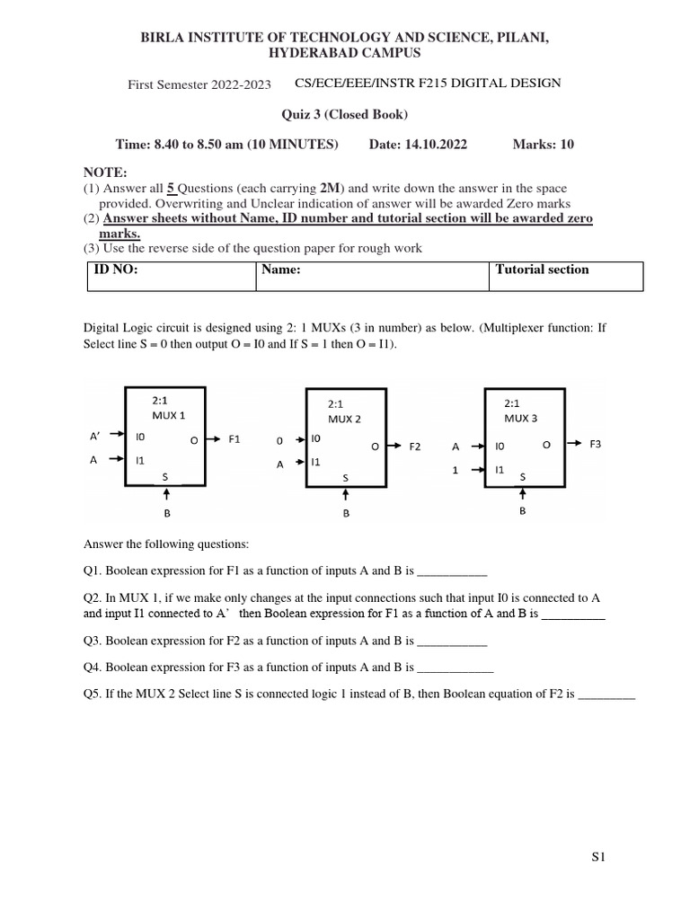Digital Design Quiz 3 Friday Set1 2 PDF Computer Engineering