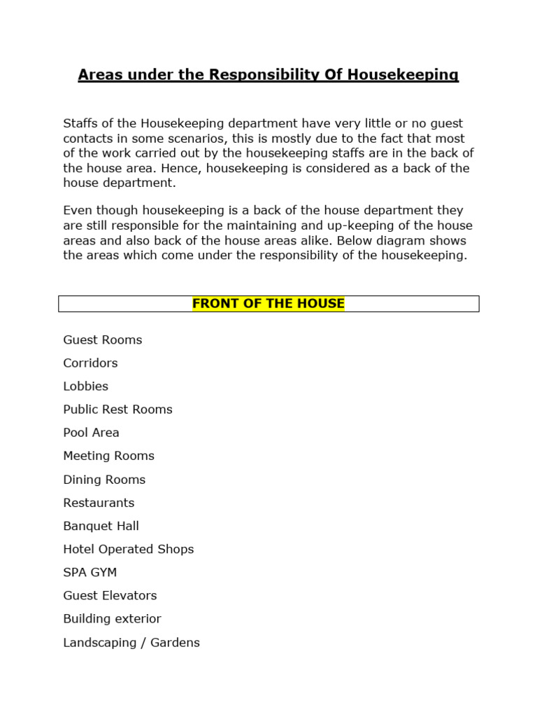 Areas under the Responsibility Of Housekeeping PDF