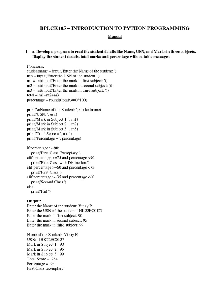 BPLCK105 - INTRODUCTION TO PYTHON PROGRAMMING - Manual | PDF ...