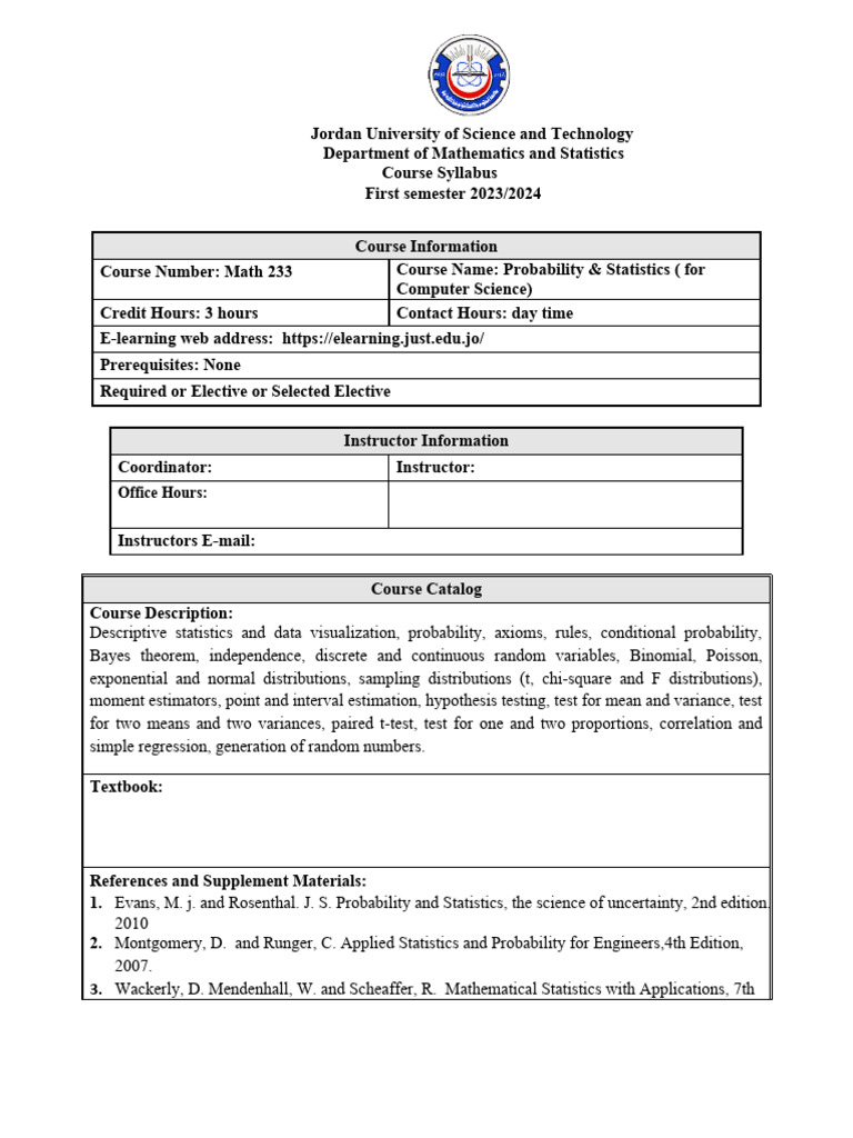 Math 233 Syllabus Revised Pdf Probability Distribution Statistics