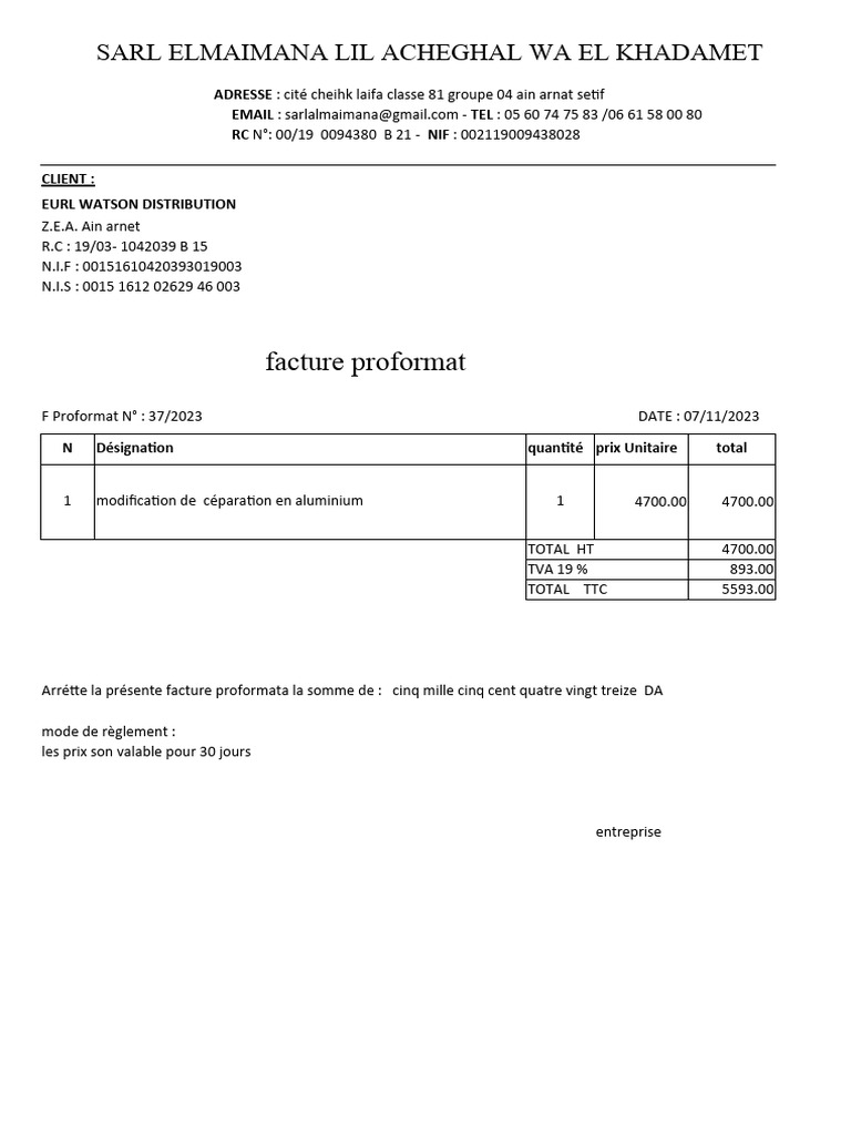 Facture Proformat N° 37/2023 | PDF