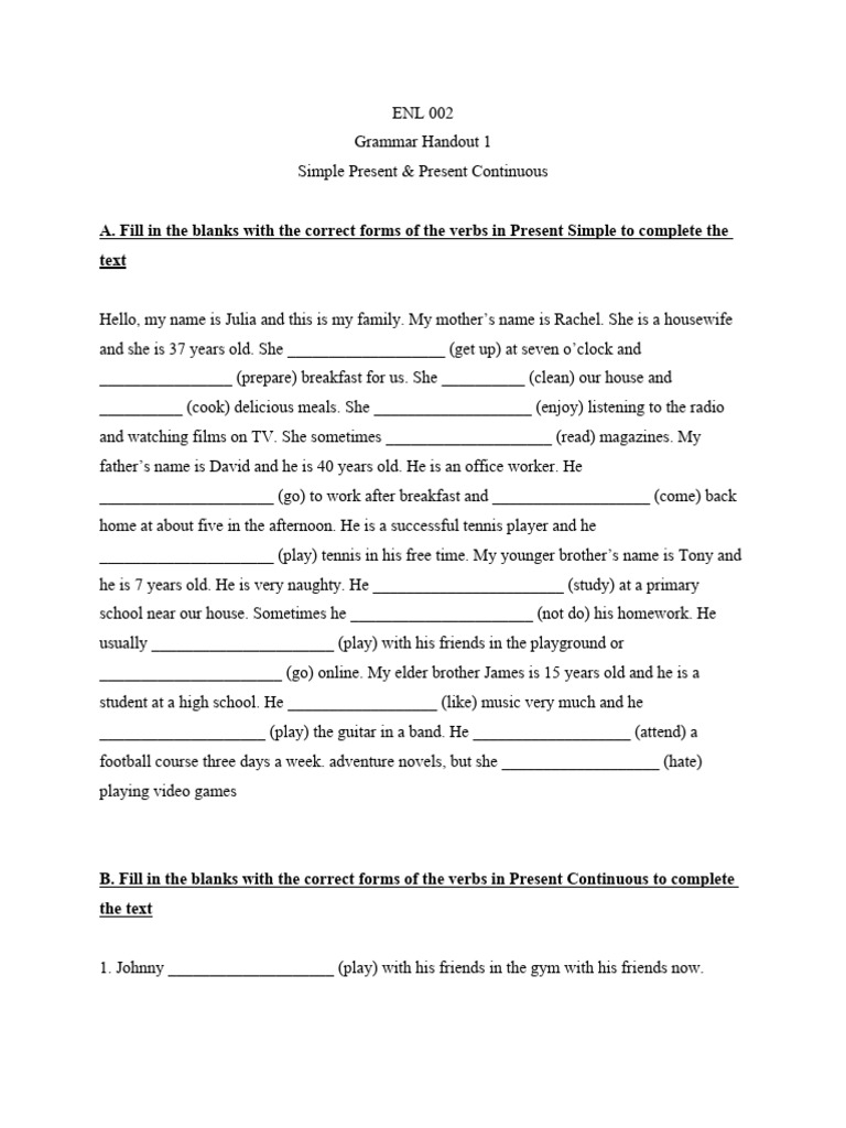 Handout 1 Simple Present & Present Continuous | PDF | Language Arts ...