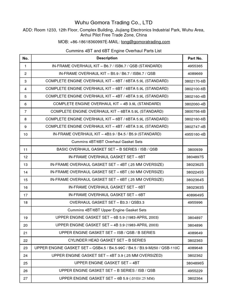 Cummins qsb6 7 and 4bta3 9 and 6bta5 9 engine overhaul parts download