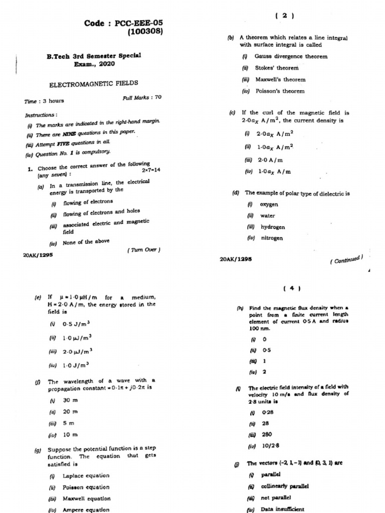 Btech 3 Sem Electromagnetic Fields 100308 2020 | PDF