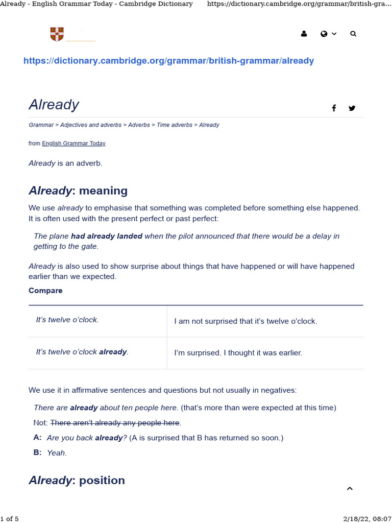 Already English Grammar Today Cambridge Dictionary PDF Verb