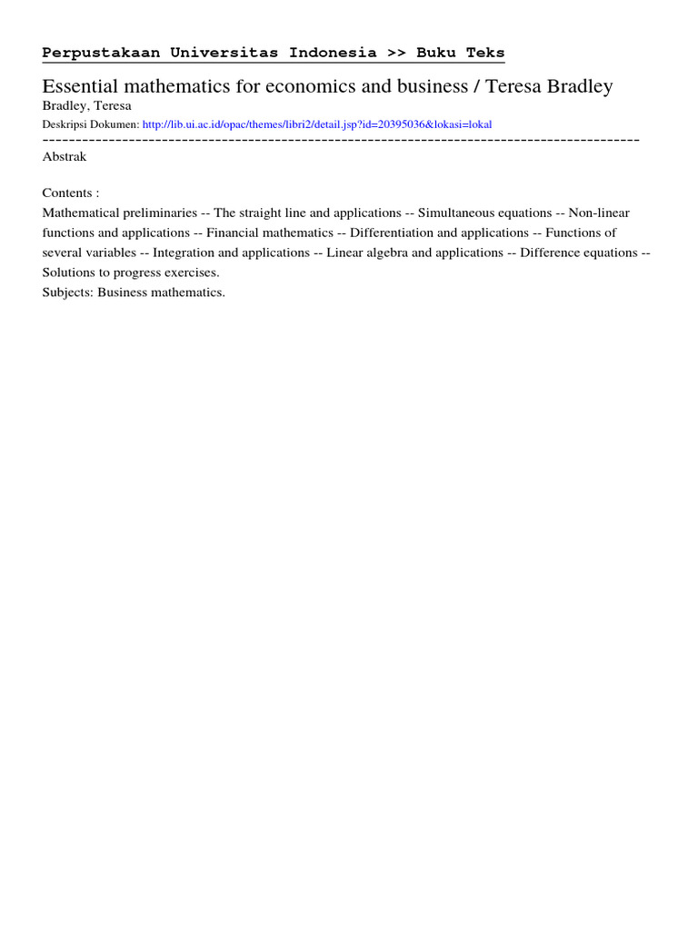 Essential Mathematics For Economics And Business