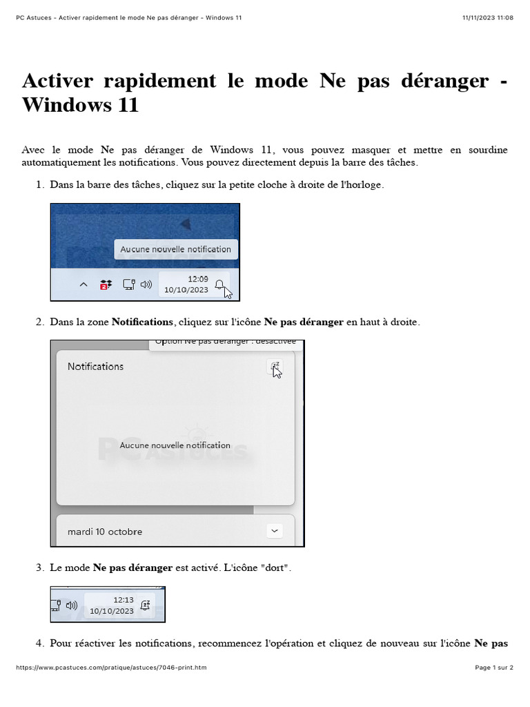 Activer Rapidement Le Mode Ne Pas Déranger - Windows 11 | PDF
