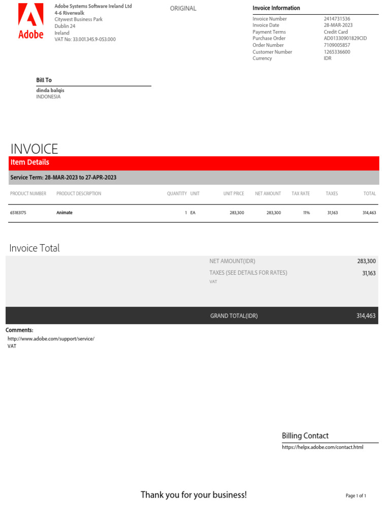 Adobe Invoice for Animate Service | PDF | Invoice | Value Added Tax