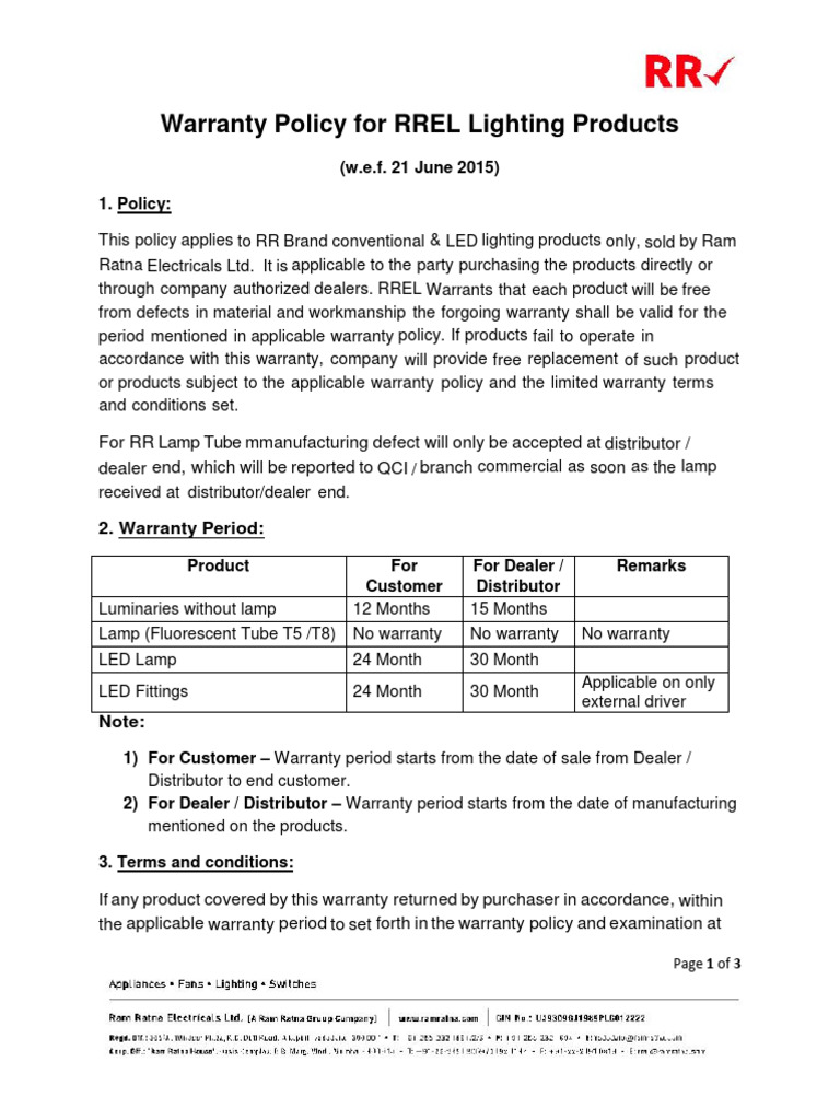 Warranty Policy For RREL Lighting Products PDF Business