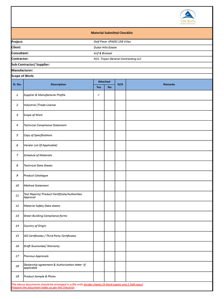 Material Submittal Checklist for Golf Place | PDF | Business