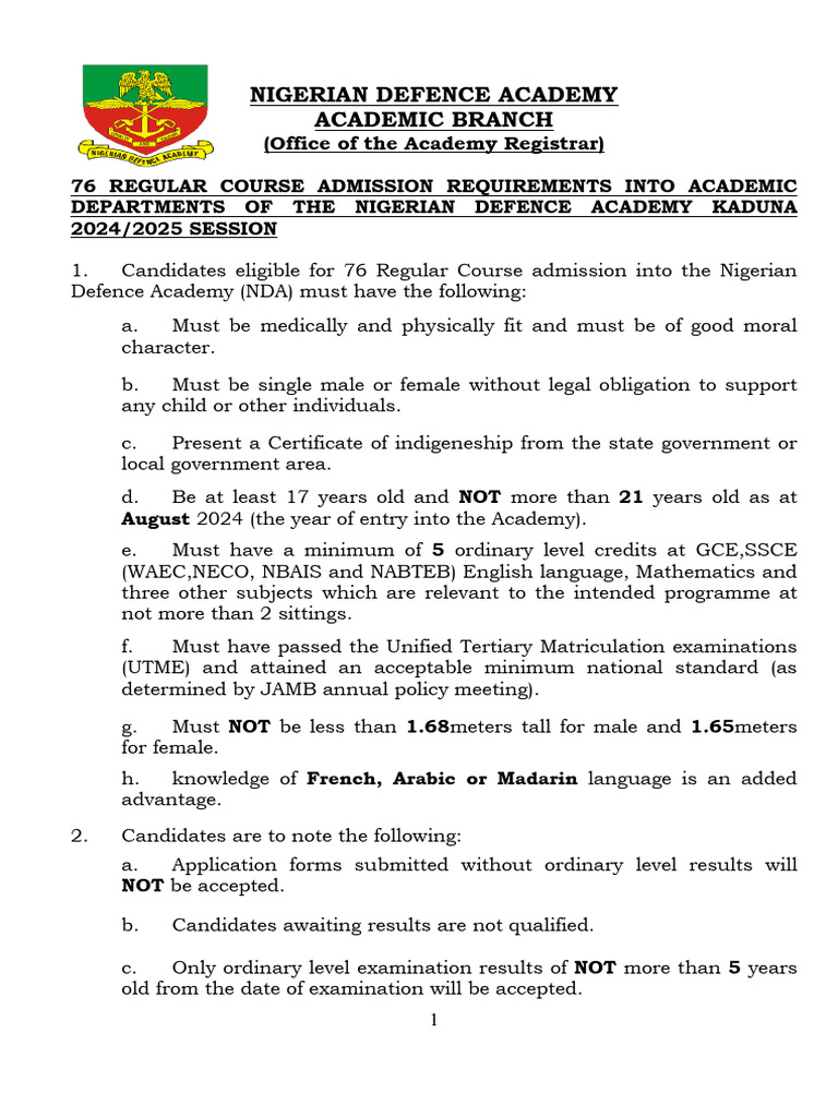 Nda Admission Requirements 76RC 2024 2025 1 PDF University And College Admission Science