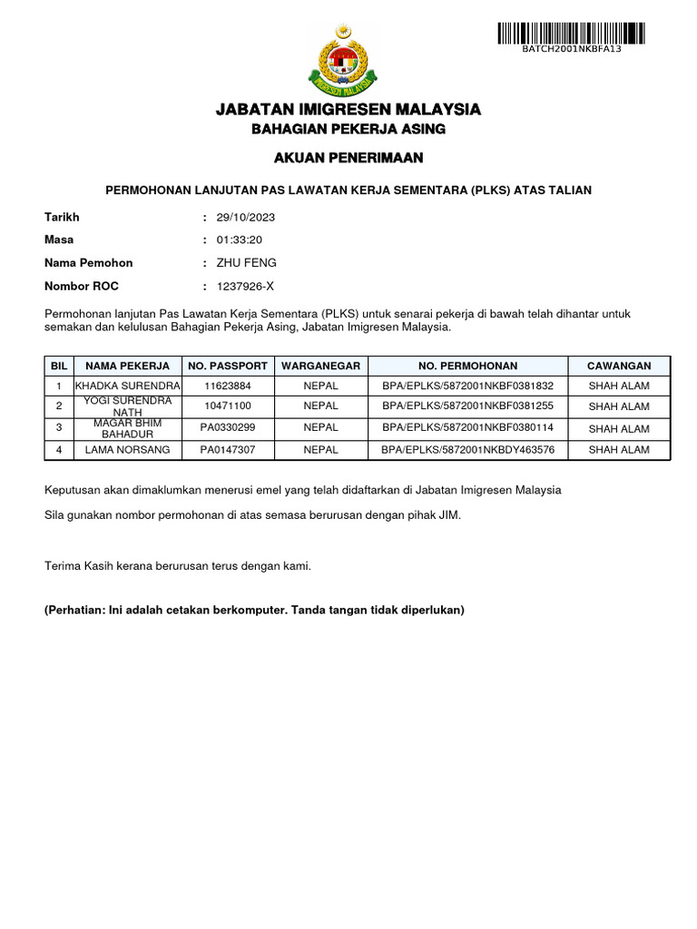 Permohonan PLKS Pekerja Asing Malaysia | PDF