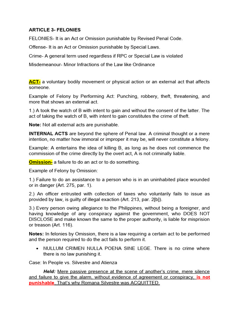 Felonies: Acts and Omissions Explained | PDF | Law