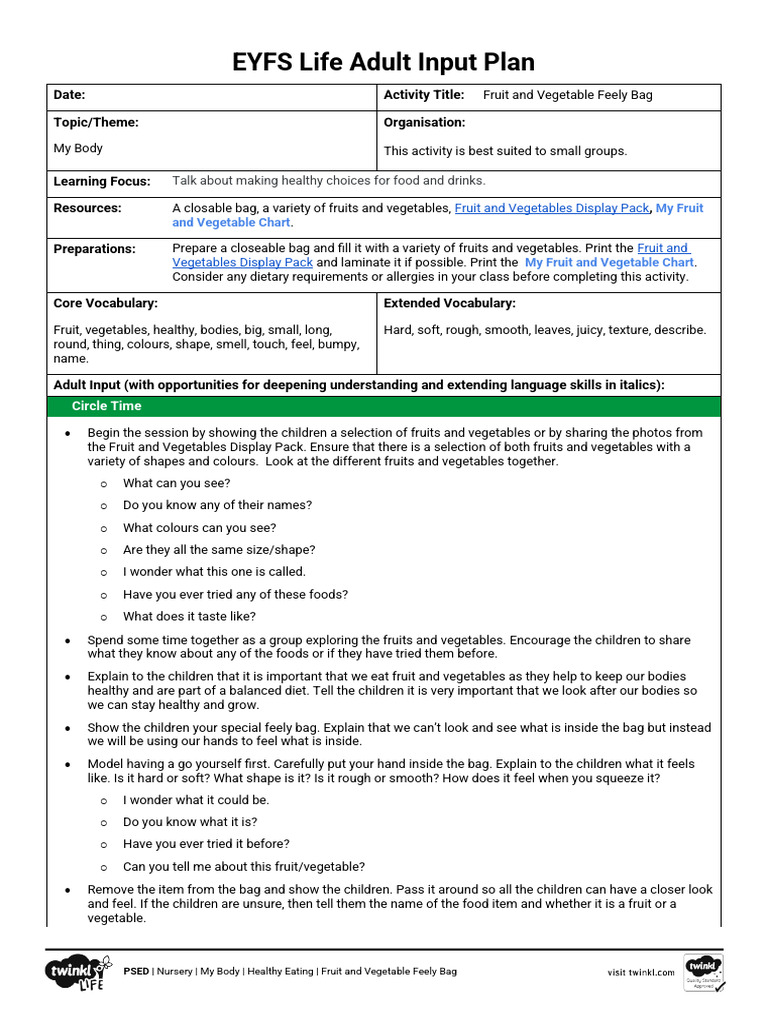 EYFS Life Adult Input Plan | PDF | Vegetables | Fruit