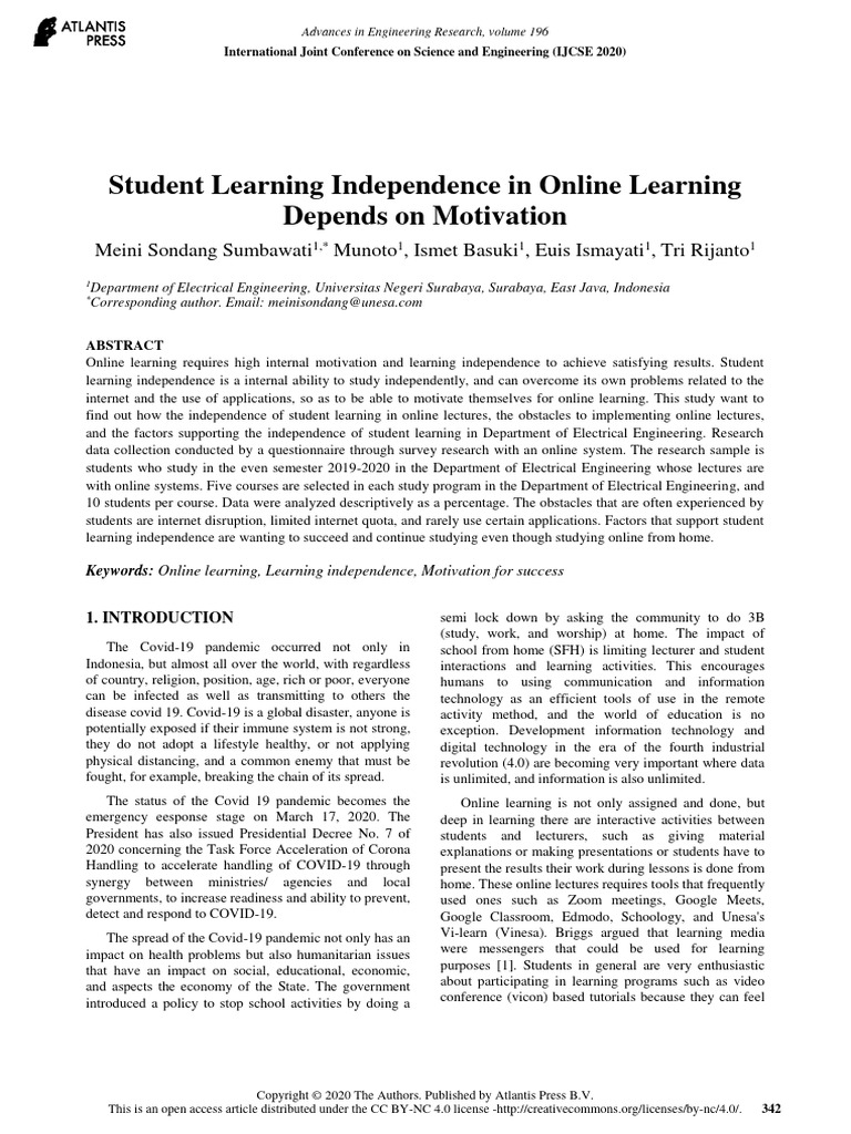 Student Learning Independence in Online Learning D | PDF | Motivational ...