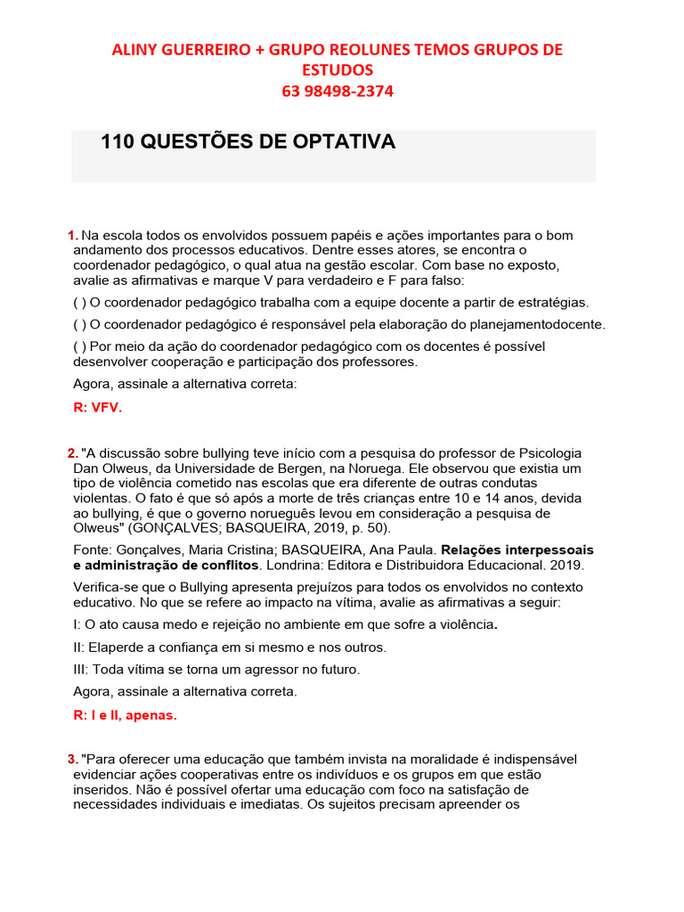 110 Questões de Optativa | PDF | Aprendizado | Pedagogia