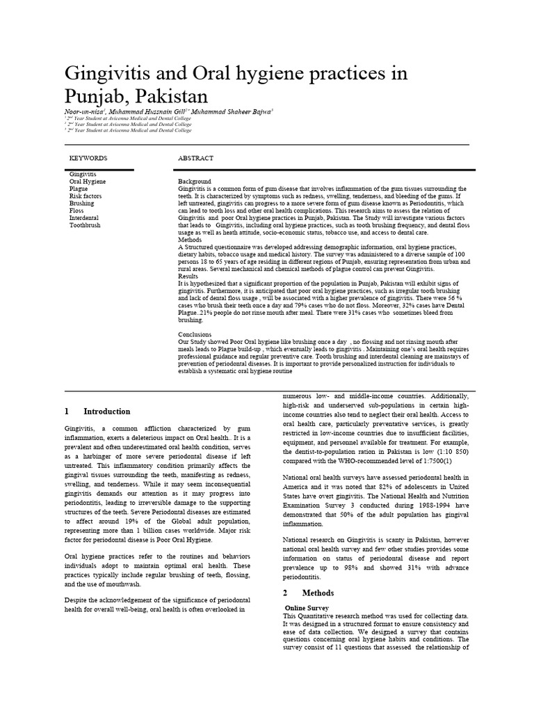 Gingivitis and Oral Hygiene Practices in Punajab, Pakistan PDF Oral