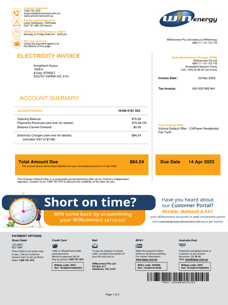 Electricity Invoice: Total Amount Due $84.24 Due Date 14 Apr 2023 | PDF ...