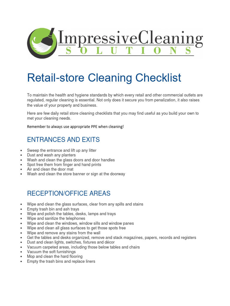 Retail Store Cleaning Checklist Template PDF Sink Vacuum Cleaner
