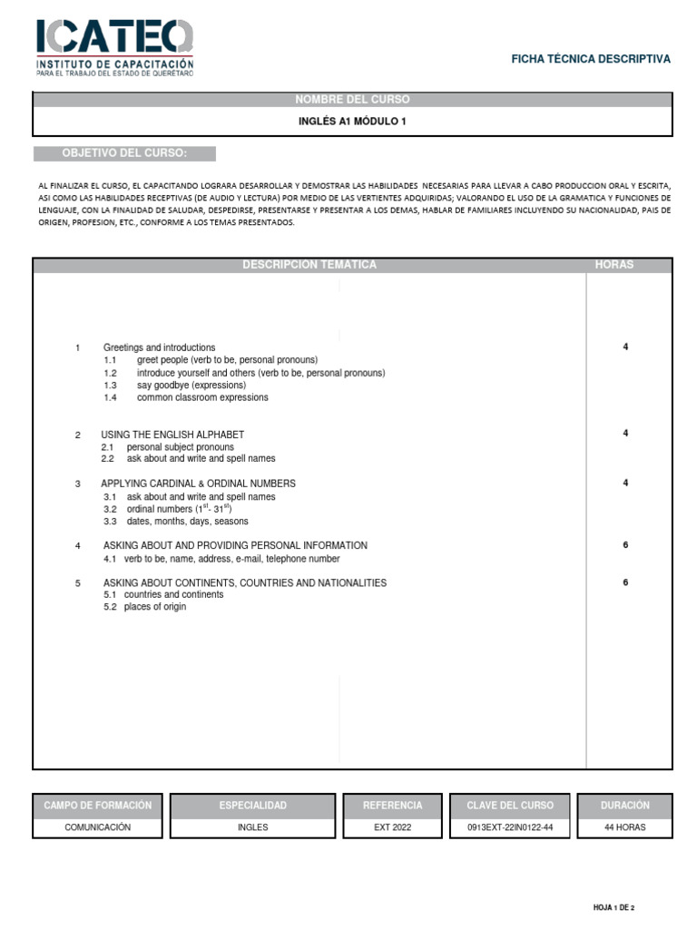 FTD 0913ext-22in0722-44 Ingles A1 Módulo 1 | PDF
