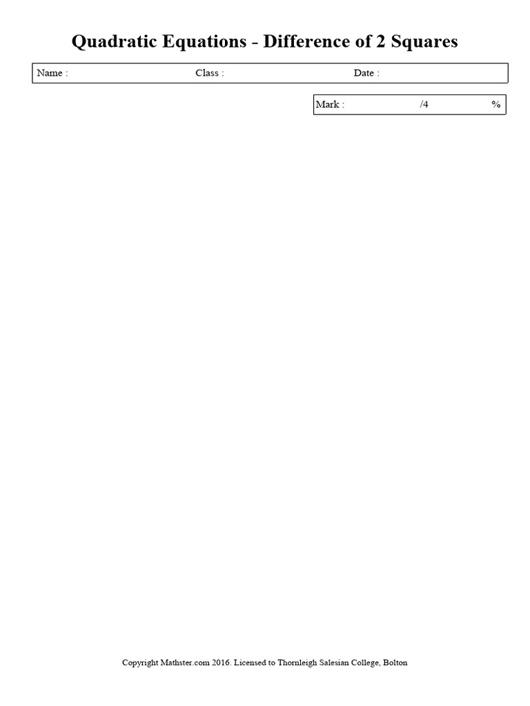 Quadratic Equations Difference of 2 Squares 1 PDF