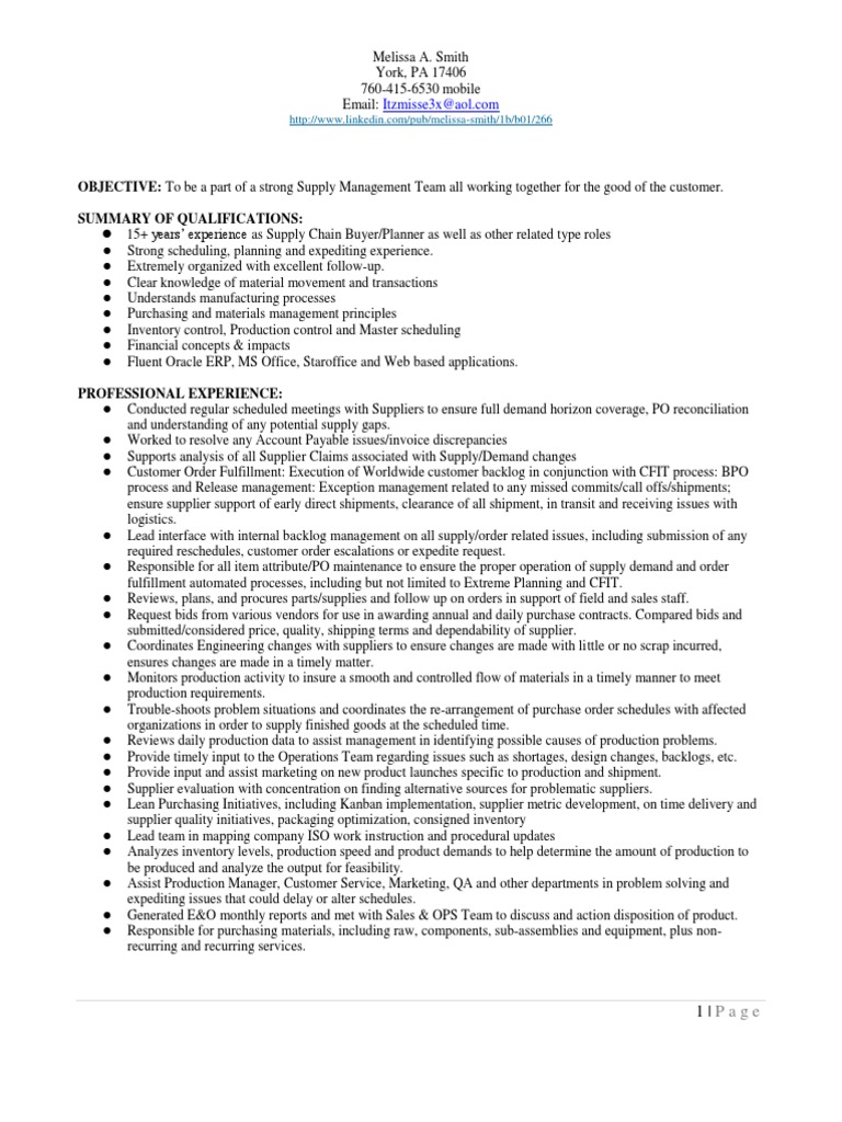Manufacturing Buyer Planner in Lancaster PA Resume Melissa Smith PDF