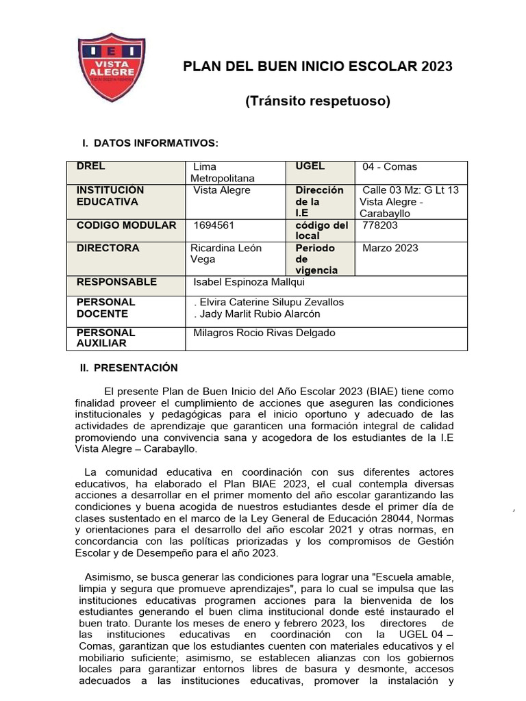 Plan de Buen Inicio Escolar 2023 | PDF | Educación primaria | Enseñando