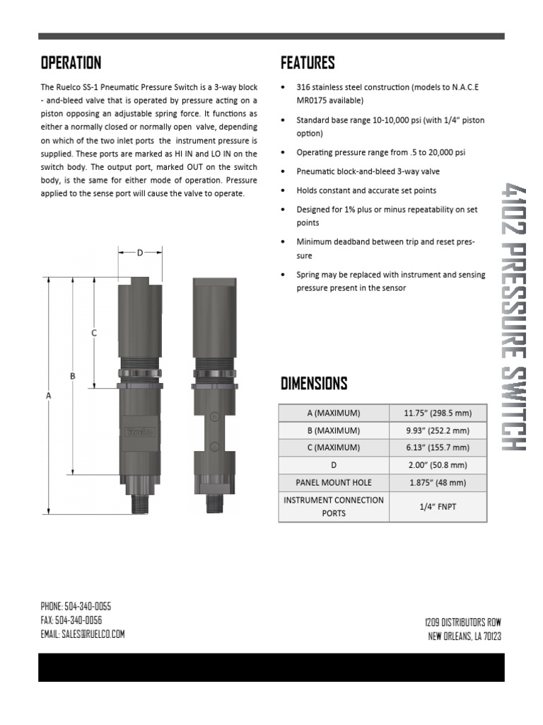 Ruelco SS-1/SS-2 Pneumatic Pressure Switches | PDF | Valve | Switch