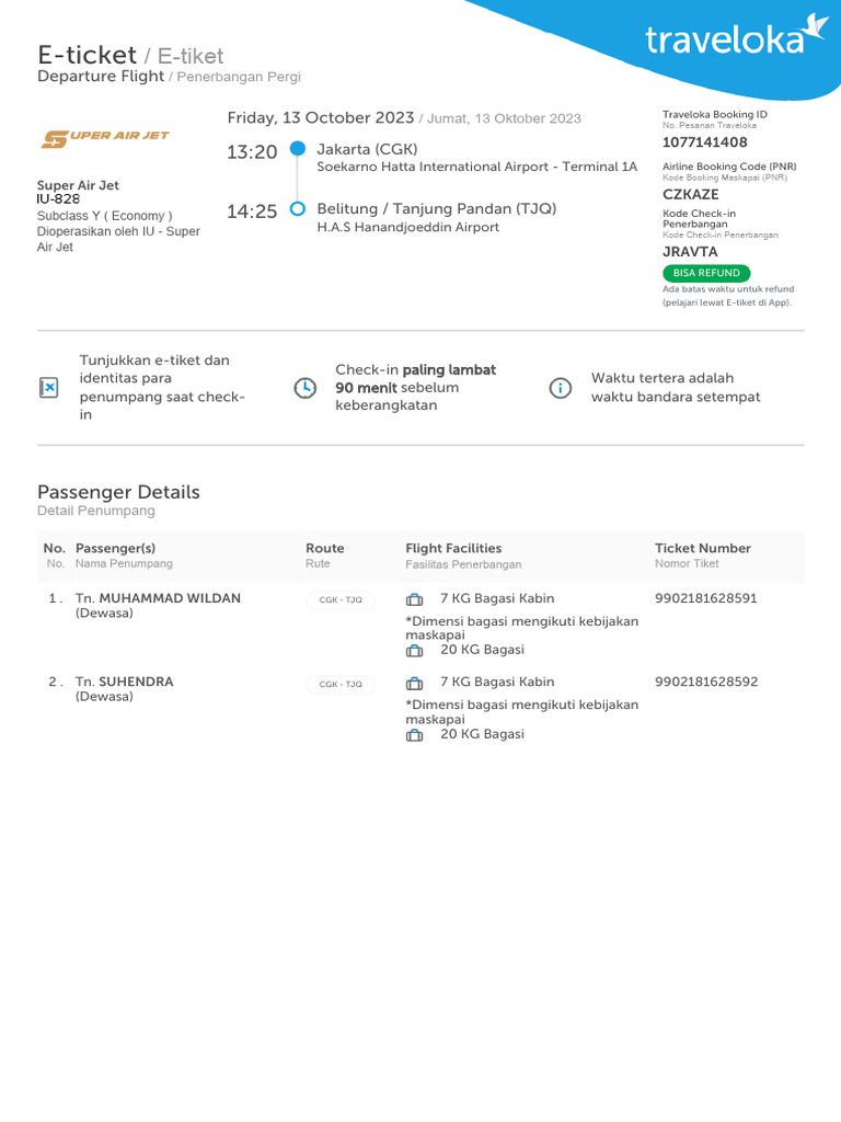 Contoh E-Tiket Pesawat Traveloka | PDF