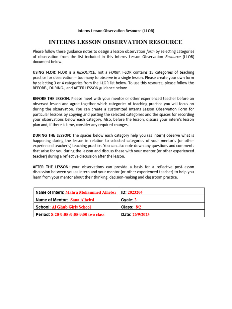 I-LOR: Interns Lesson Observation Guide | PDF | Teachers | Learning