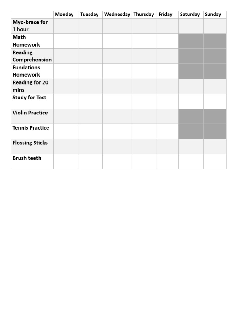 Weekly Homework and Activity Schedule | PDF