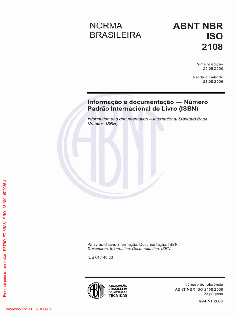 Norma ABNT NBR ISO 2108:2006 - ISBN | PDF | International Standard Book ...