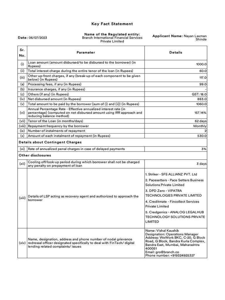 Key Fact Statement for Loan Agreement | PDF | Loans | Interest