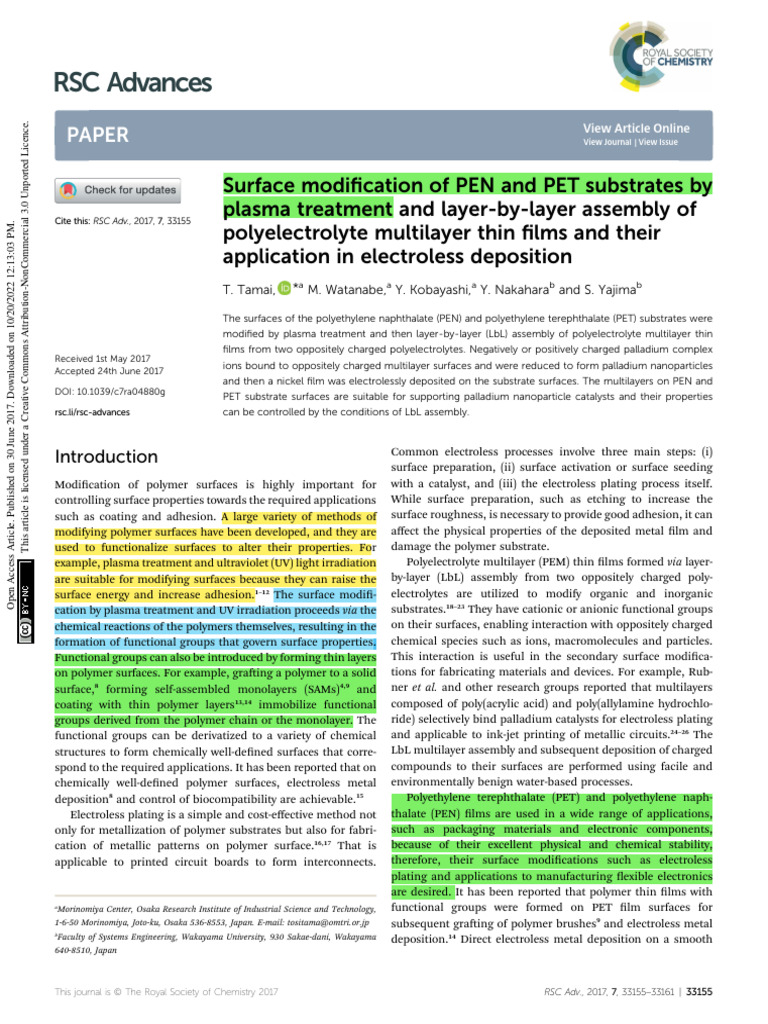 2 - Surface Modification of PEN and PET Substrates by Plasma Treatment ...