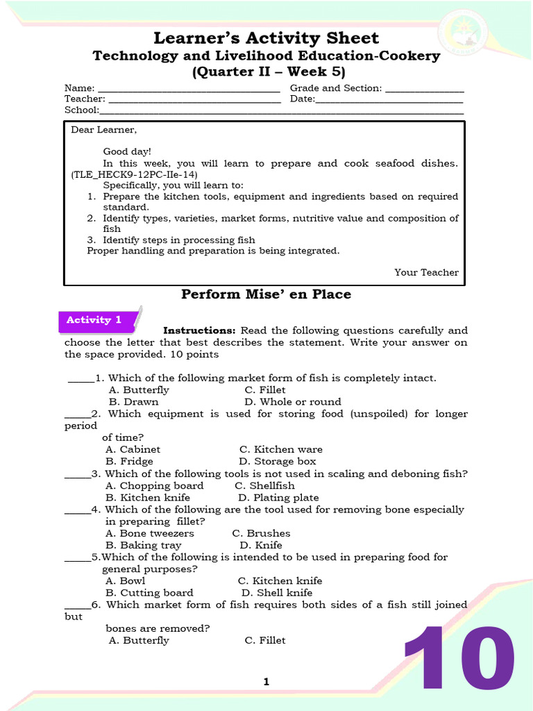 g10 Tle Cookery q2 w5 | PDF | Seafood | Frying Pan