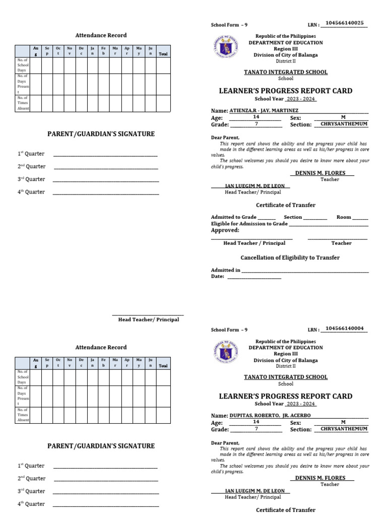 SF-9 Format For Grade 7 - Chrysanthemum | PDF | Behavior Modification ...