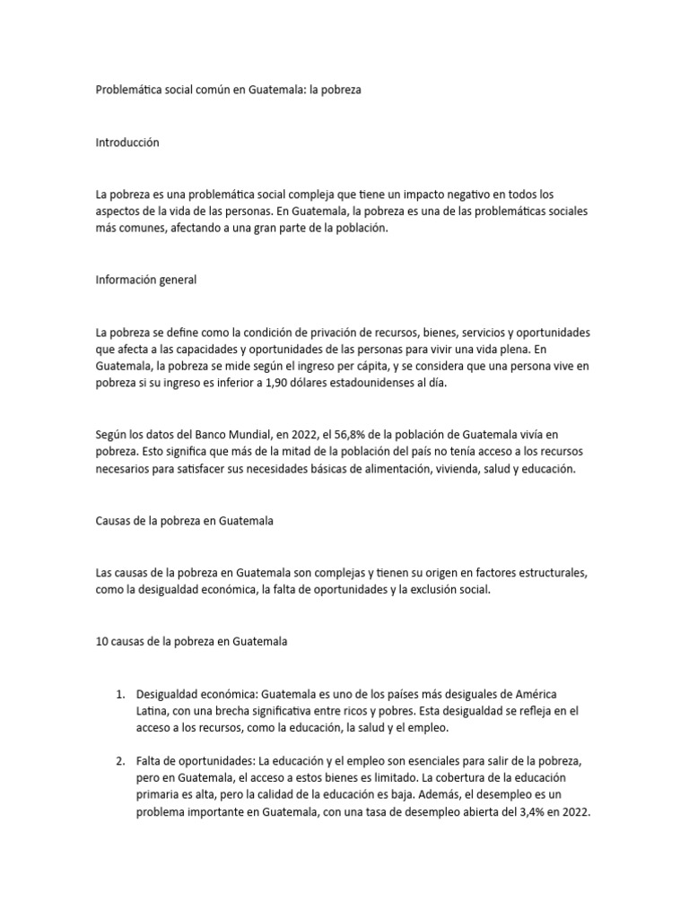 Pobreza en Guatemala: Causas y Soluciones | PDF | Pobreza | Pobreza e ...