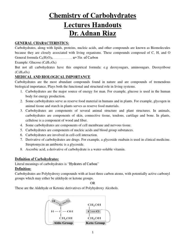 Carbohydrate Chemistry Lecture Handouts PDF Carbohydrates Glucose
