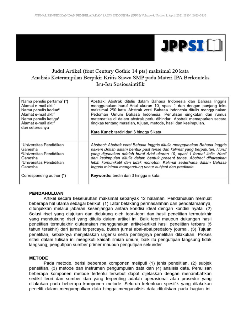 Template Jurnal Pendidikan Sains Indonesia | PDF