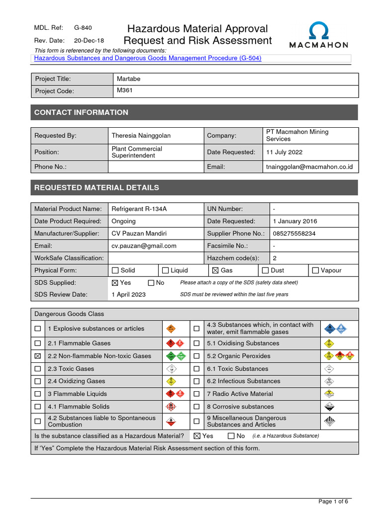 Contohntoh Hazardous Material Approval Request and Risk Assessment Form Refrigerant PDF