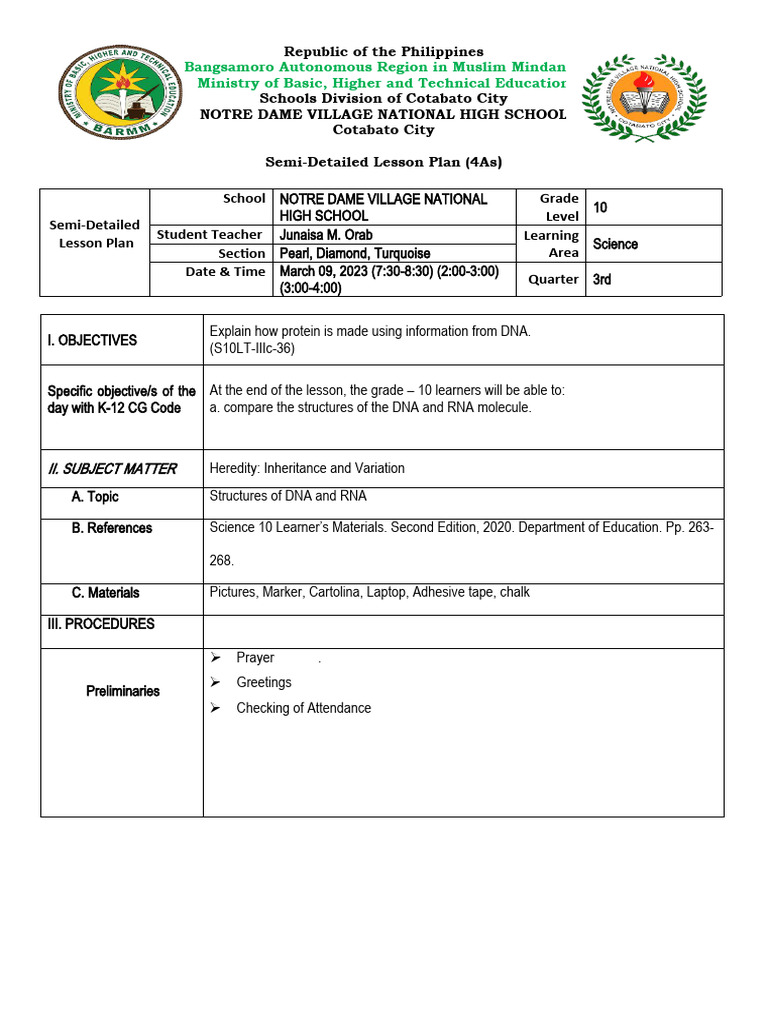 Grade 10 Science Lesson Plan on DNA/RNA | PDF | Nucleic Acids | Dna