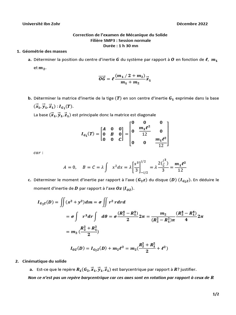 Correction Examen Mécanique Solide SMP3 | PDF | Centre d'inertie | Rotation