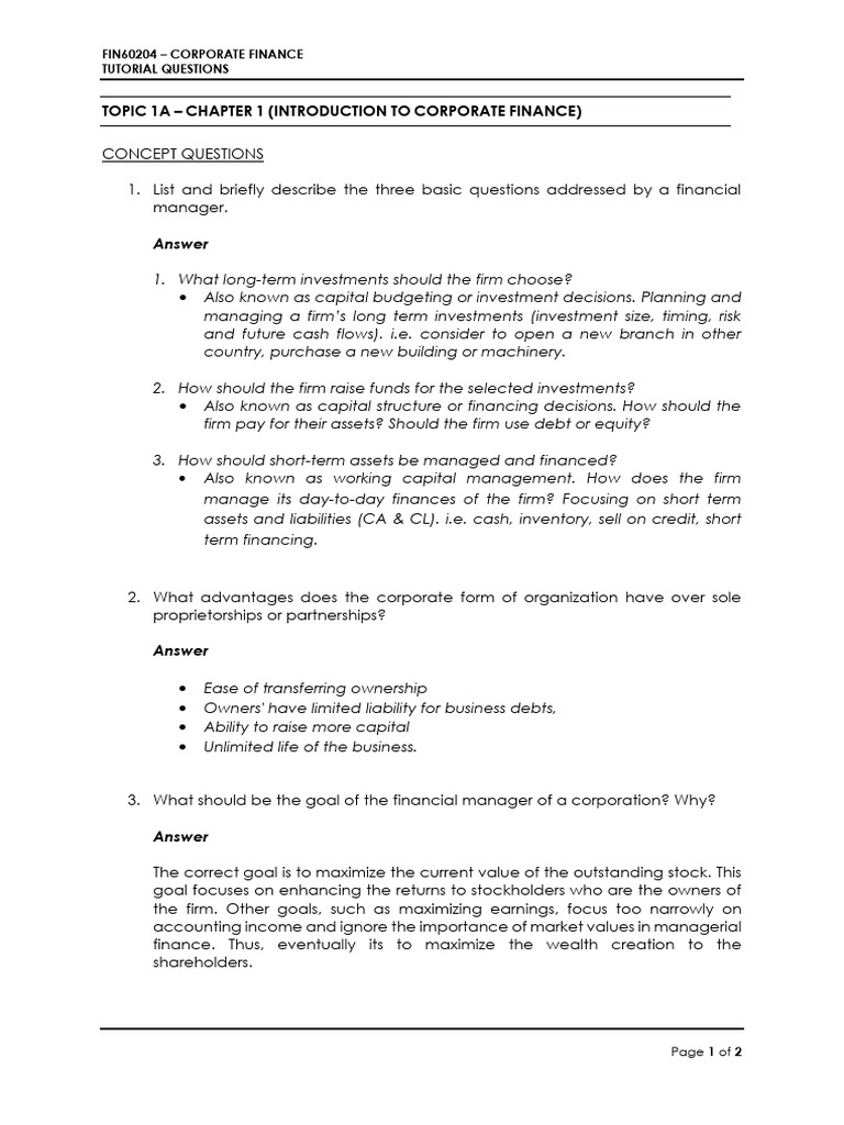 Corporate Finance Tutorial 1 Solutions Pdf Economies Money