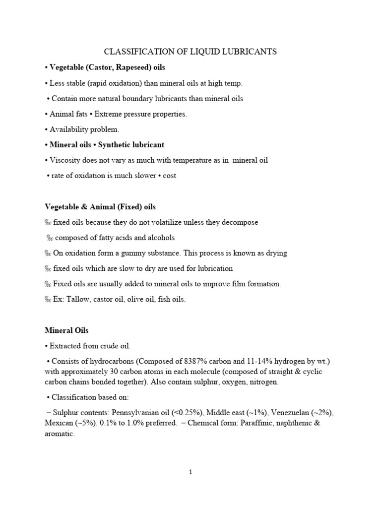 Classification of Liquid LubricantsNotes PDF Oil Vegetable Oil