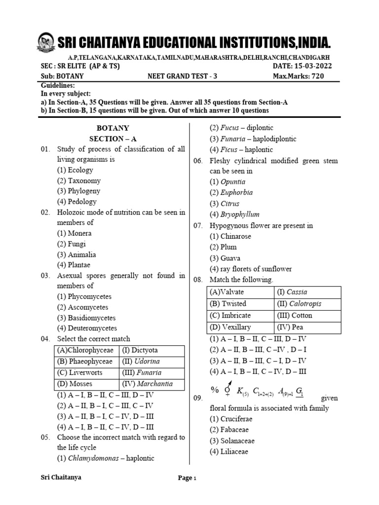 NEET Botany Grand Test Questions | PDF
