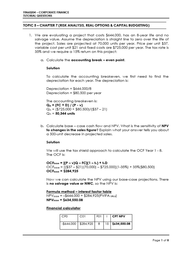 Corporate Finance Project Analysis | PDF | Depreciation | Net Present Value